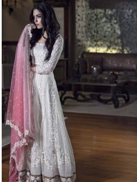 White Dress Pakistani in Long Kameez Trouser Style Online – Nameera by  Farooq