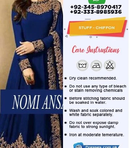 Now available in 5 colours 1 Royal Blue 2 Reddish Mahroon 3 Bottle Green 4 Purple 5 Black Front Body Neck Embroidered in chiffon Back body Plain chiffon Front Back Full Gear embroidered Heavy Big Daman In Chiffon Sleeves Heavy embroidered Lace in Chiffon Chiffon Heavy 2 sided Heavy Border lace Embroidered Dupatta in chiffon Malai trouser Pkr Price: 4,999 For Booking Inbox us or Call: +92-333-8985936 Whats App/IMO: +-92-345-8970417 , +92-333-8985936 International Shipping Charges apply