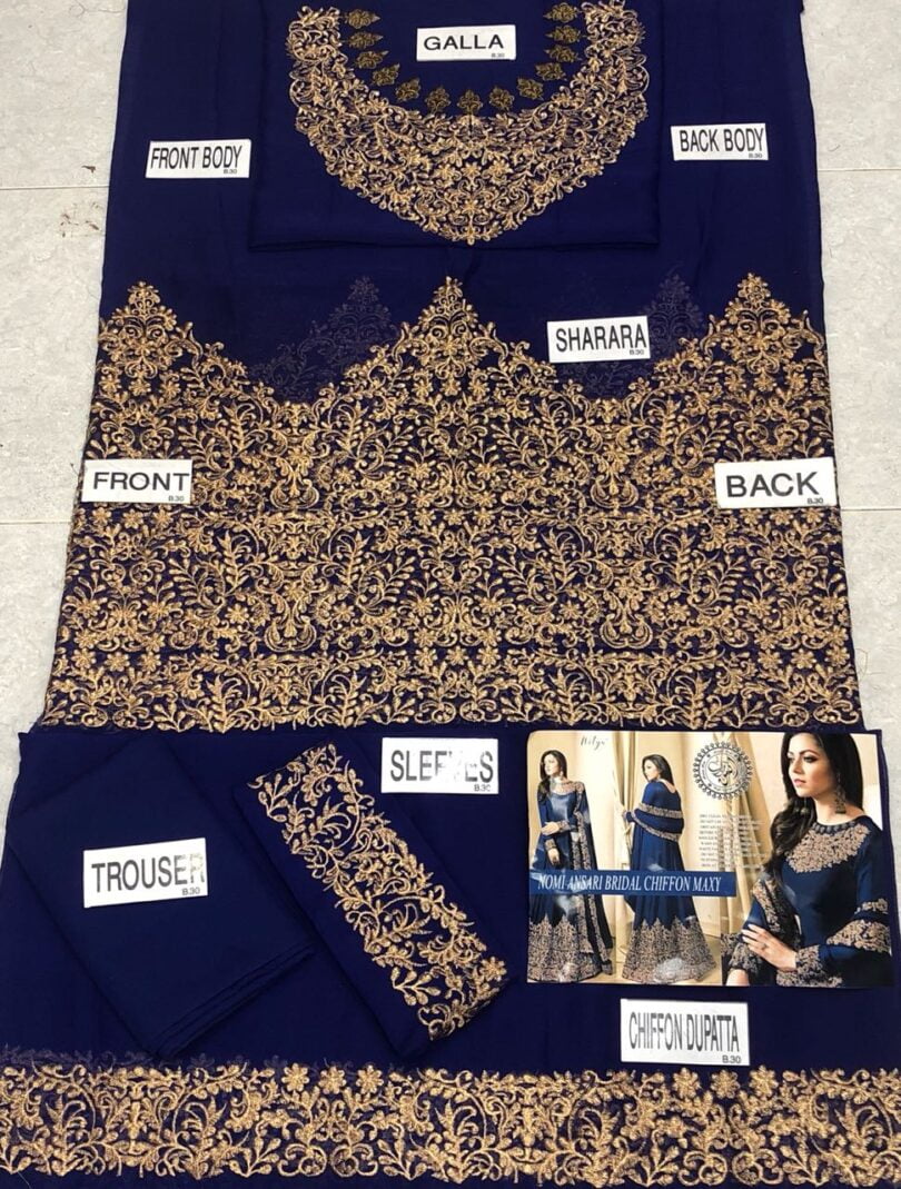 Now available in 5 colours 1 Royal Blue 2 Reddish Mahroon 3 Bottle Green 4 Purple 5 Black Front Body Neck Embroidered in chiffon Back body Plain chiffon Front Back Full Gear embroidered Heavy Big Daman In Chiffon Sleeves Heavy embroidered Lace in Chiffon Chiffon Heavy 2 sided Heavy Border lace Embroidered Dupatta in chiffon Malai trouser Pkr Price: 4,999 For Booking Inbox us or Call: +92-333-8985936 Whats App/IMO: +-92-345-8970417 , +92-333-8985936 International Shipping Charges apply