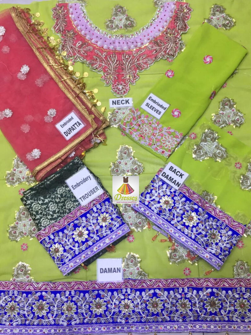 NOTE FULL HAND WORK SUIT* NICK EMBROIDERED FRONT FULLY EMBROIDERED BACK EMBROIDERED SLEEVES EMBROIDERED FRONT AN BACK DAMAN EMBROIDERED WITH PALES NET EMBROIDERED DUPPATTA 4SIDE APPLIED PALES TROUSER JAMAWAR EMBROIDED Pkr Price: 4,999 For Booking Inbox us or Call: +92-333-8985936 Whats App/IMO: +92-345-8970417 , +92-333-8985936 International Shipping Charges apply